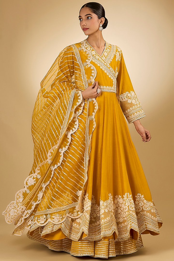 Yellow Pure Chanderi Silk Parsi Gara Embroidered Angrakha Bridal Anarkali Set by Sheetal Batra at Pernia's Pop Up Shop