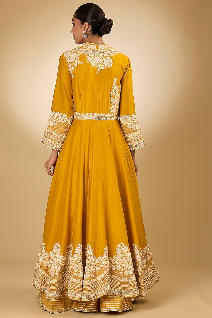 Yellow Pure Chanderi Silk Parsi Gara Embroidered Angrakha Bridal Anarkali Set by Sheetal Batra at Pernia's Pop Up Shop