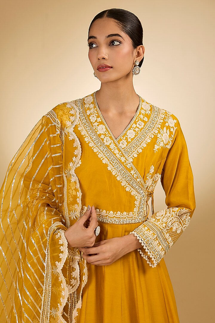 Yellow Pure Chanderi Silk Parsi Gara Embroidered Angrakha Bridal Anarkali Set by Sheetal Batra at Pernia's Pop Up Shop