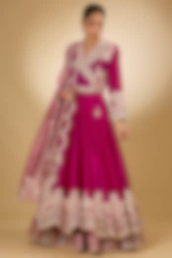 Pink Pure Chanderi Silk Parsi Gara Embroidered Angrakha Bridal Anarkali Set by Sheetal Batra at Pernia's Pop Up Shop