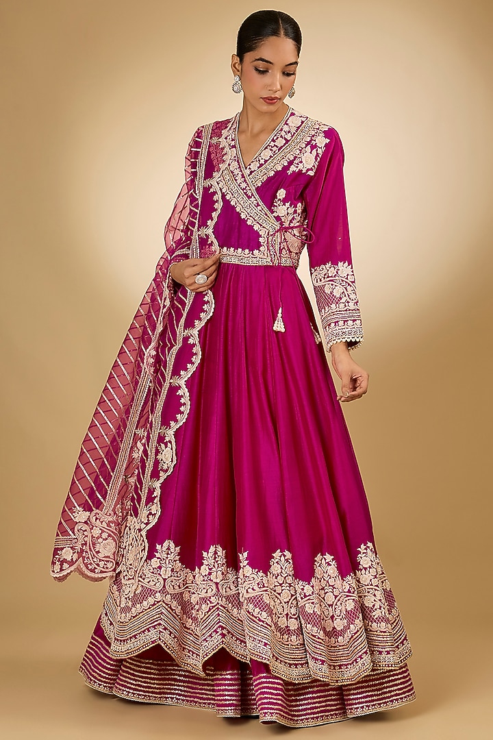 Pink Pure Chanderi Silk Parsi Gara Embroidered Angrakha Bridal Anarkali Set by Sheetal Batra at Pernia's Pop Up Shop