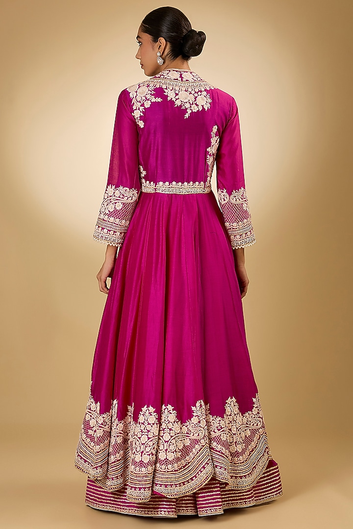 Pink Pure Chanderi Silk Parsi Gara Embroidered Angrakha Bridal Anarkali Set by Sheetal Batra at Pernia's Pop Up Shop