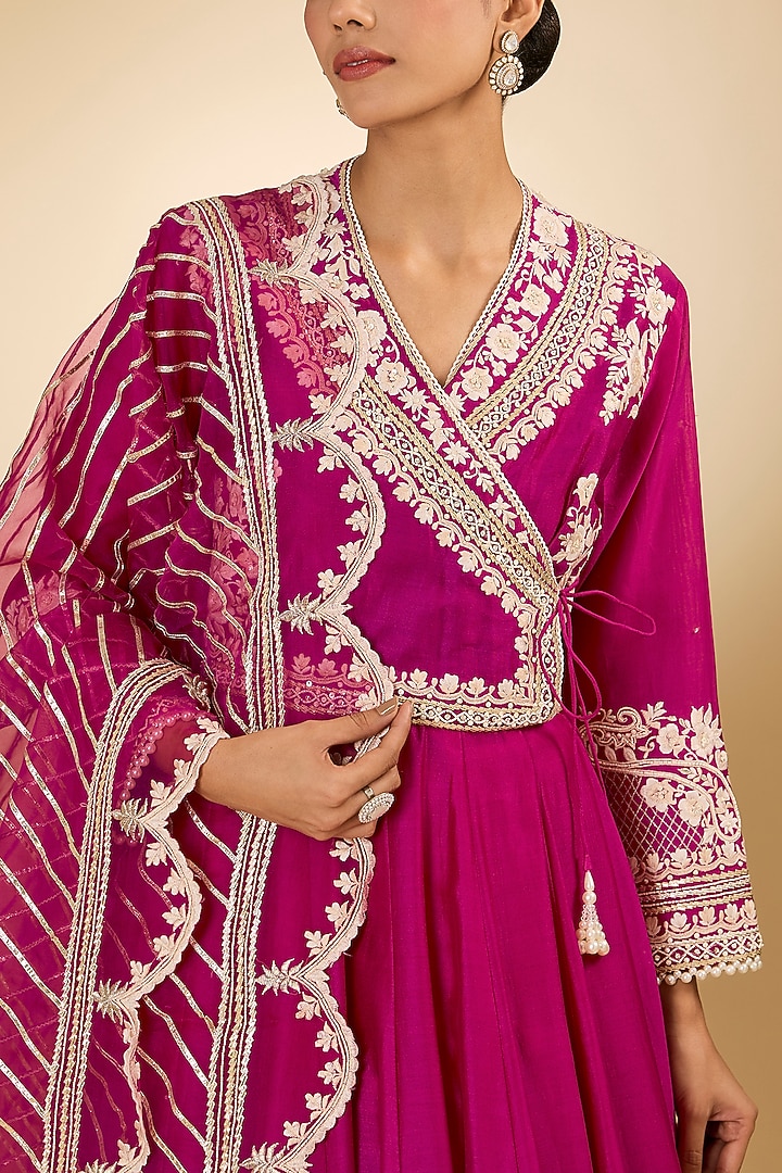 Pink Pure Chanderi Silk Parsi Gara Embroidered Angrakha Bridal Anarkali Set by Sheetal Batra at Pernia's Pop Up Shop