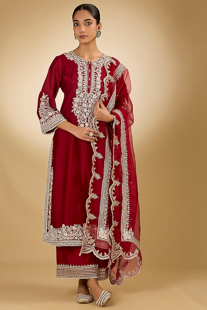 Red Pure Silk Chanderi Parsi Gara Embroidered A-Line Kurta Set by Sheetal Batra at Pernia's Pop Up Shop
