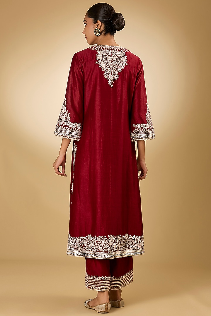 Red Pure Silk Chanderi Parsi Gara Embroidered A-Line Kurta Set by Sheetal Batra at Pernia's Pop Up Shop