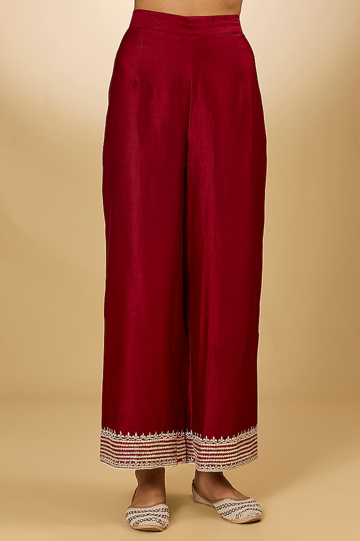Red Pure Silk Chanderi Parsi Gara Embroidered A-Line Kurta Set by Sheetal Batra at Pernia's Pop Up Shop