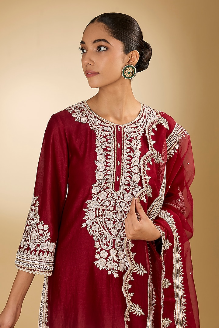 Red Pure Silk Chanderi Parsi Gara Embroidered A-Line Kurta Set by Sheetal Batra at Pernia's Pop Up Shop