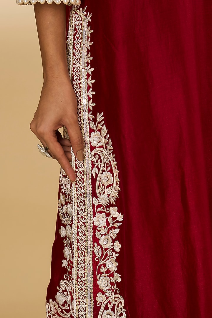 Red Pure Silk Chanderi Parsi Gara Embroidered A-Line Kurta Set by Sheetal Batra at Pernia's Pop Up Shop