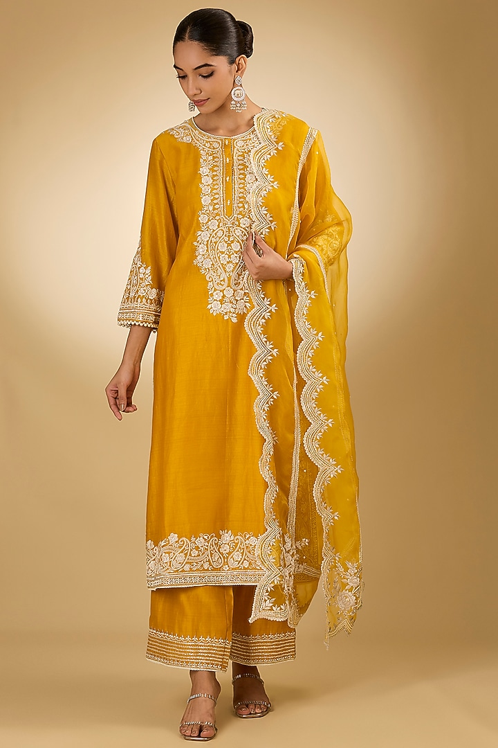 Yellow Pure Silk Chanderi Parsi Gara Embroidered A-Line Kurta Set by Sheetal Batra at Pernia's Pop Up Shop