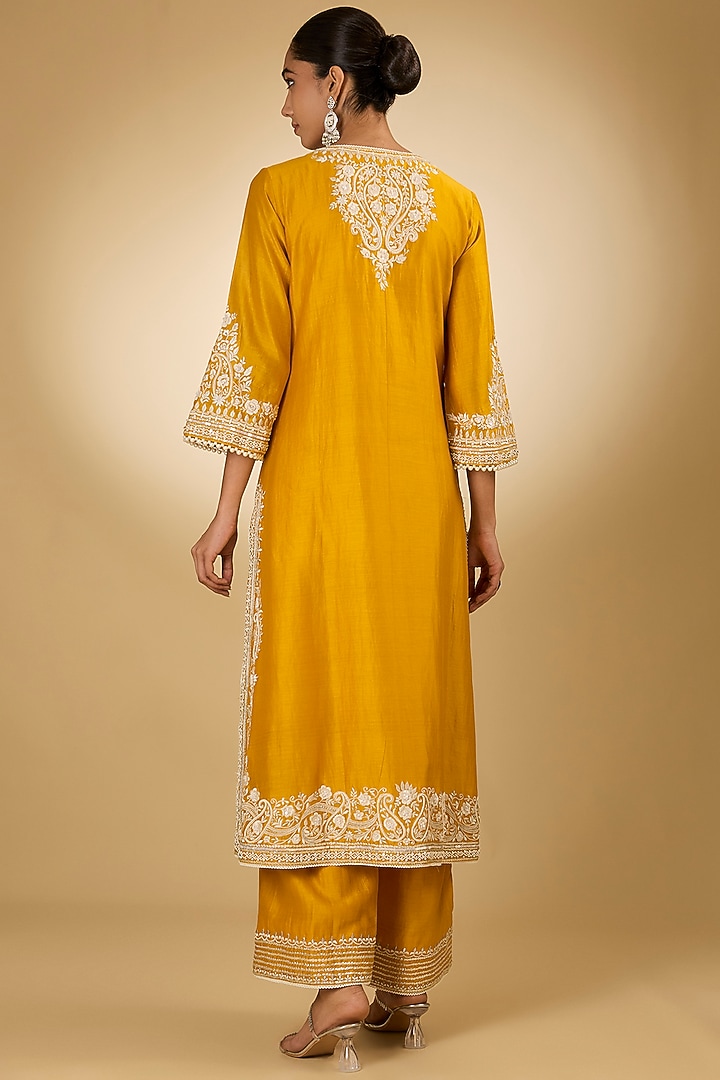 Yellow Pure Silk Chanderi Parsi Gara Embroidered A-Line Kurta Set by Sheetal Batra at Pernia's Pop Up Shop
