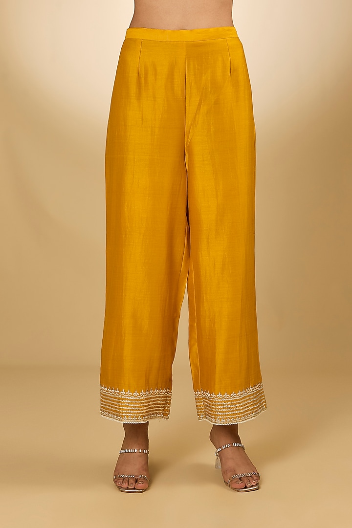 Yellow Pure Silk Chanderi Parsi Gara Embroidered A-Line Kurta Set by Sheetal Batra at Pernia's Pop Up Shop