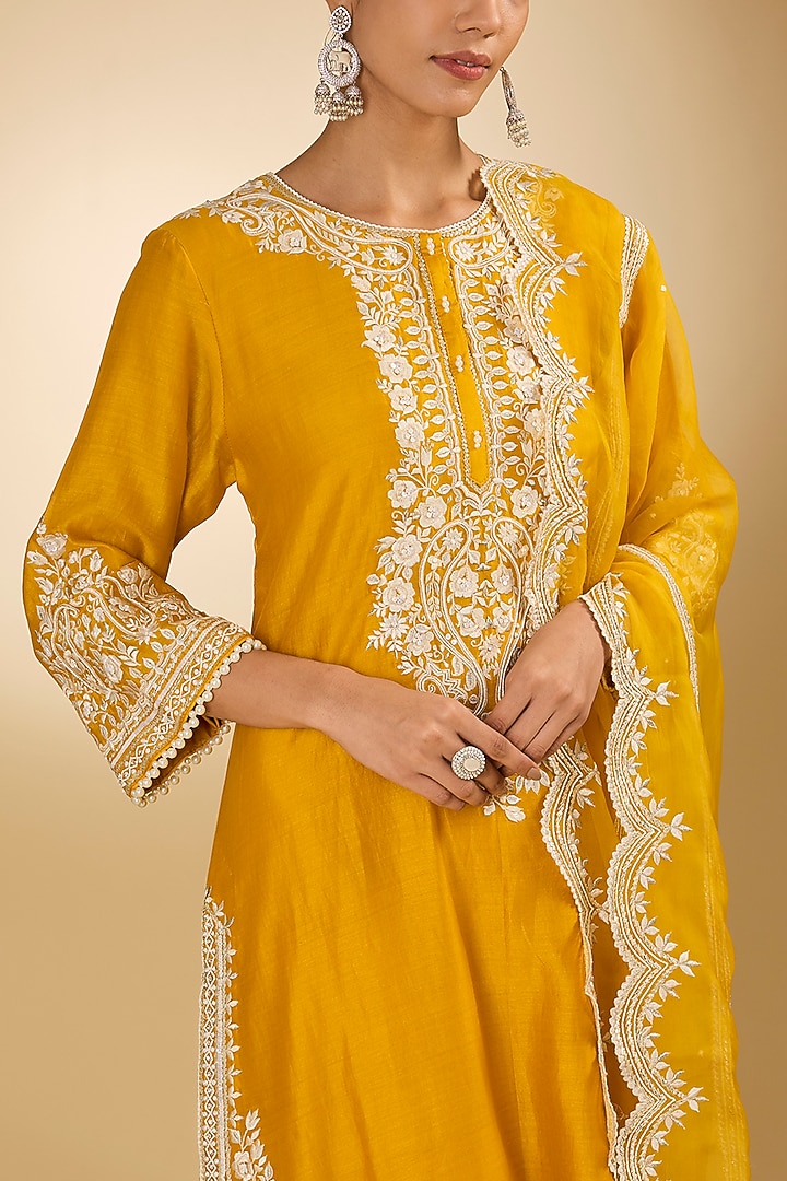 Yellow Pure Silk Chanderi Parsi Gara Embroidered A-Line Kurta Set by Sheetal Batra at Pernia's Pop Up Shop