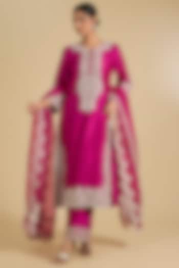 Pink Pure Silk Chanderi Gota Embroidered A-Line Kurta Set by Sheetal Batra at Pernia's Pop Up Shop