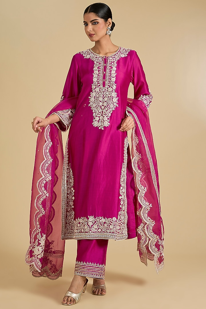 Pink Pure Silk Chanderi Gota Embroidered A-Line Kurta Set by Sheetal Batra at Pernia's Pop Up Shop