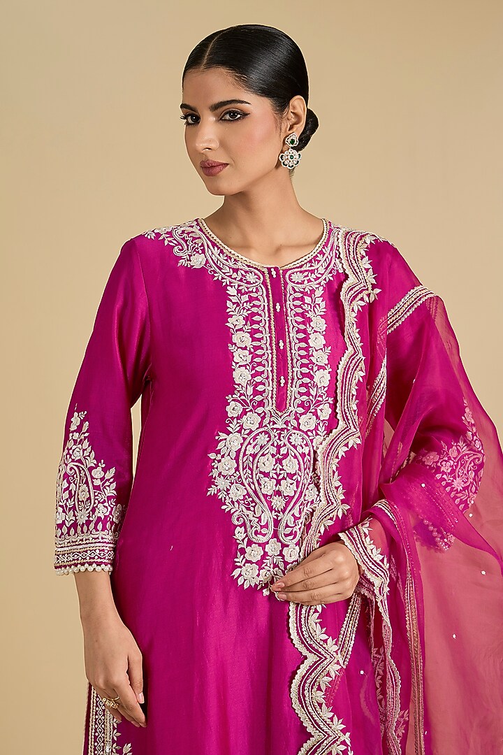 Pink Pure Silk Chanderi Gota Embroidered A-Line Kurta Set by Sheetal Batra at Pernia's Pop Up Shop