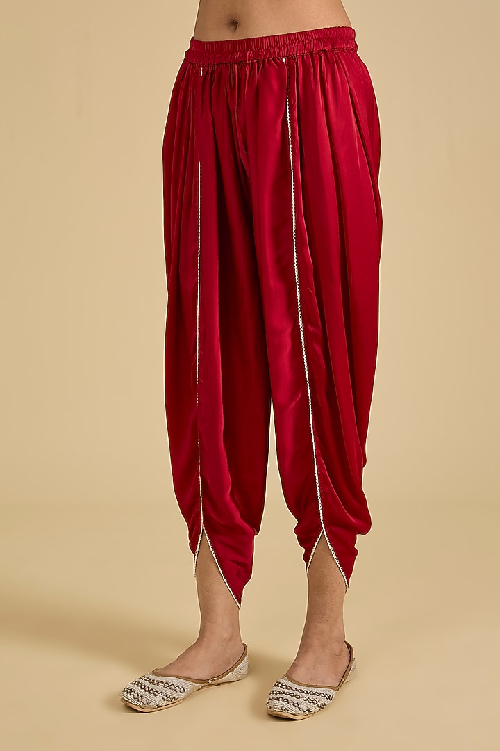 Red Silk Chanderi Pearl Embroidered Kurta Set by Sheetal Batra at Pernia's Pop Up Shop