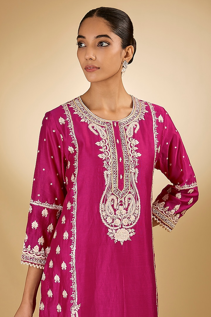 Pink Pure Silk Chanderi Parsi Gara Embroidered Kurta Set by Sheetal Batra at Pernia's Pop Up Shop