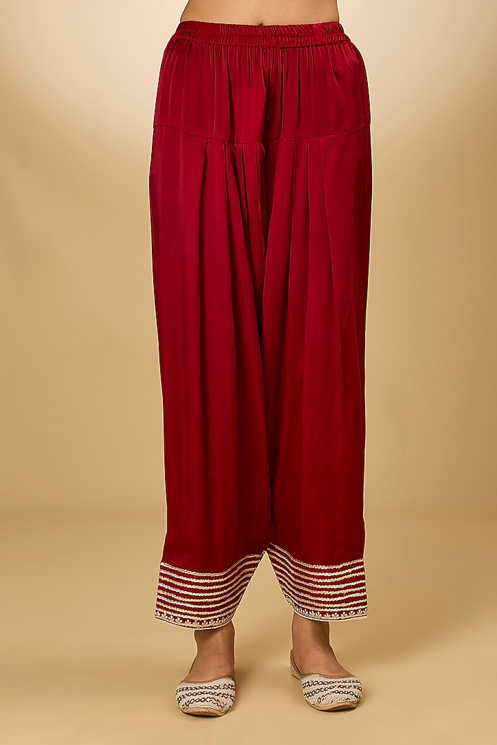 Red Pure Silk Chanderi Parsi Gara Embroidered Kurta Set by Sheetal Batra at Pernia's Pop Up Shop