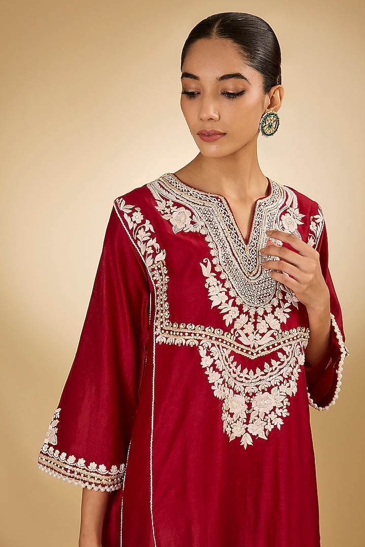 Red Pure Silk Chanderi Parsi Gara Embroidered Kurta Set by Sheetal Batra at Pernia's Pop Up Shop