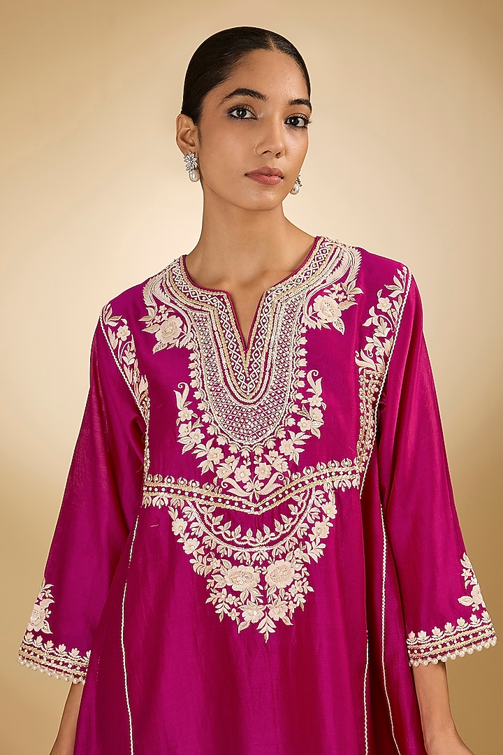 Pink Pure Silk Chanderi Parsi Gara Embroidered Kurta Set by Sheetal Batra at Pernia's Pop Up Shop
