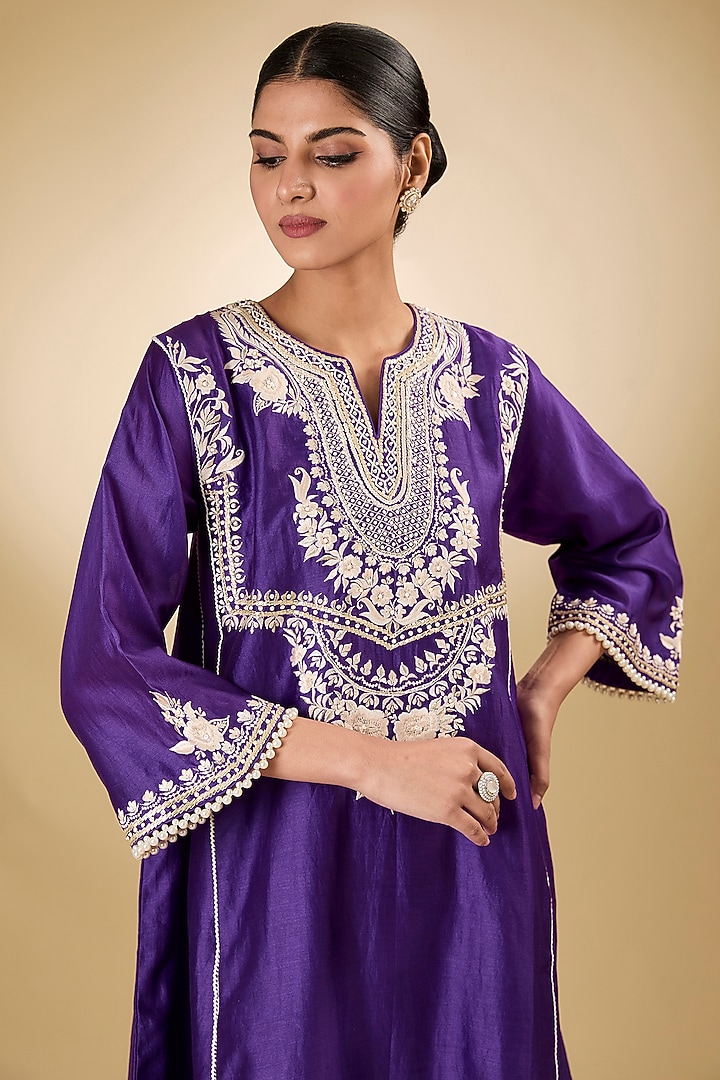 Purple Pure Silk Chanderi Parsi Gara Embroidered Kurta Set by Sheetal Batra at Pernia's Pop Up Shop