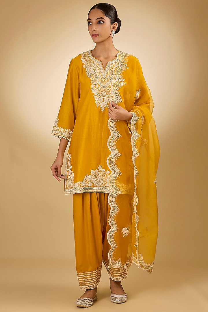 Yellow Pure Silk Chanderi Parsi Gara Embroidered A-Line Kurta Set by Sheetal Batra at Pernia's Pop Up Shop