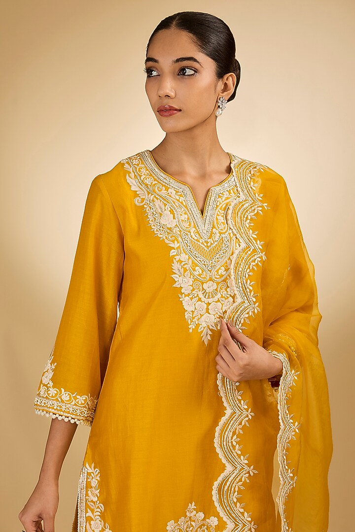 Yellow Pure Silk Chanderi Parsi Gara Embroidered A-Line Kurta Set by Sheetal Batra at Pernia's Pop Up Shop
