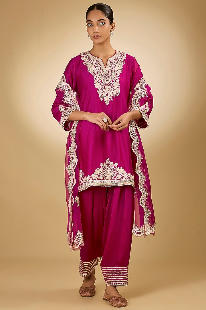 Pink Pure Silk Chanderi Parsi Gara Embroidered A-Line Kurta Set by Sheetal Batra at Pernia's Pop Up Shop