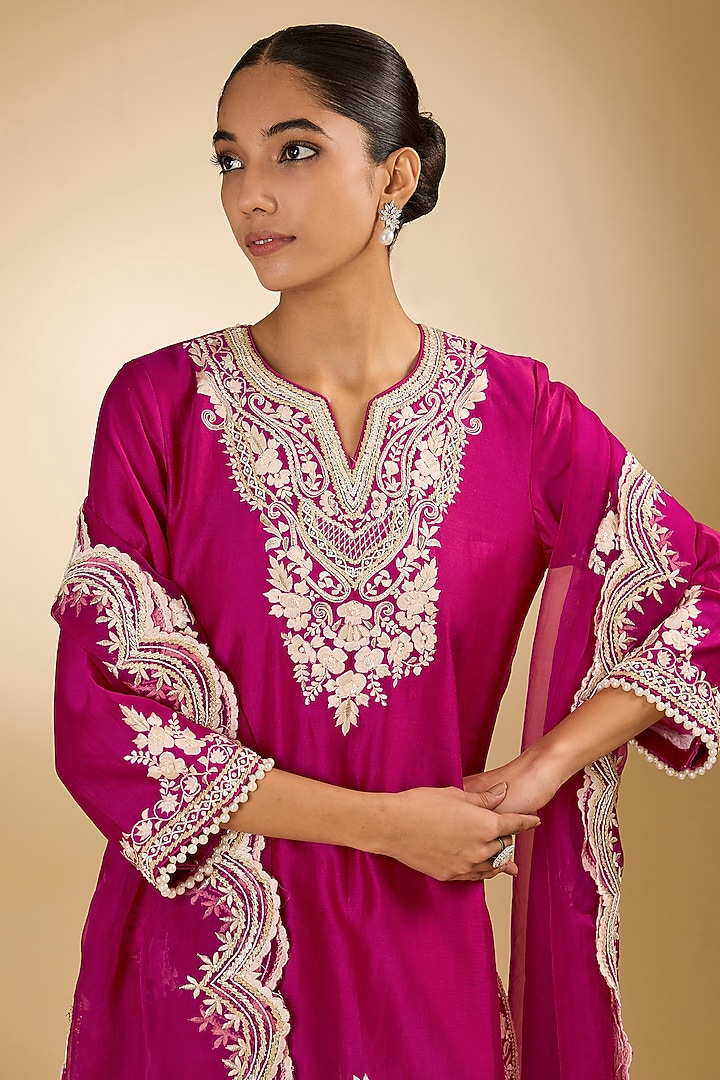 Pink Pure Silk Chanderi Parsi Gara Embroidered A-Line Kurta Set by Sheetal Batra at Pernia's Pop Up Shop
