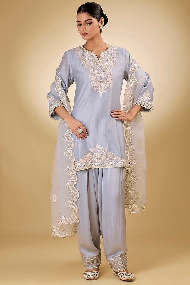Blue Pure Silk Chanderi Parsi Gara Embroidered A-Line Kurta Set by Sheetal Batra at Pernia's Pop Up Shop