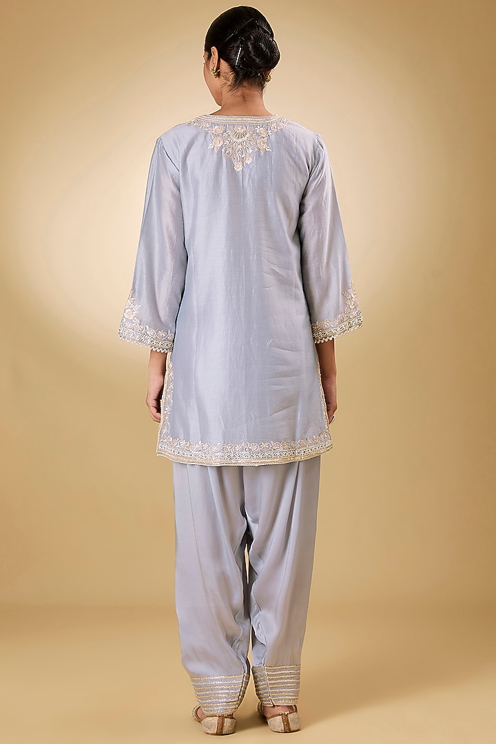Blue Pure Silk Chanderi Parsi Gara Embroidered A-Line Kurta Set by Sheetal Batra at Pernia's Pop Up Shop