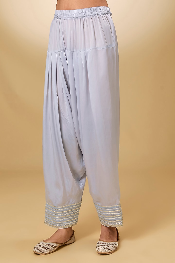 Blue Pure Silk Chanderi Parsi Gara Embroidered A-Line Kurta Set by Sheetal Batra at Pernia's Pop Up Shop