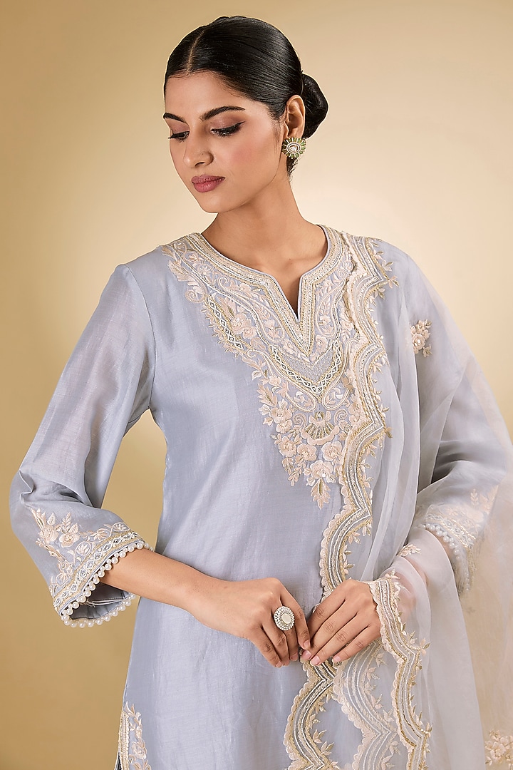 Blue Pure Silk Chanderi Parsi Gara Embroidered A-Line Kurta Set by Sheetal Batra at Pernia's Pop Up Shop