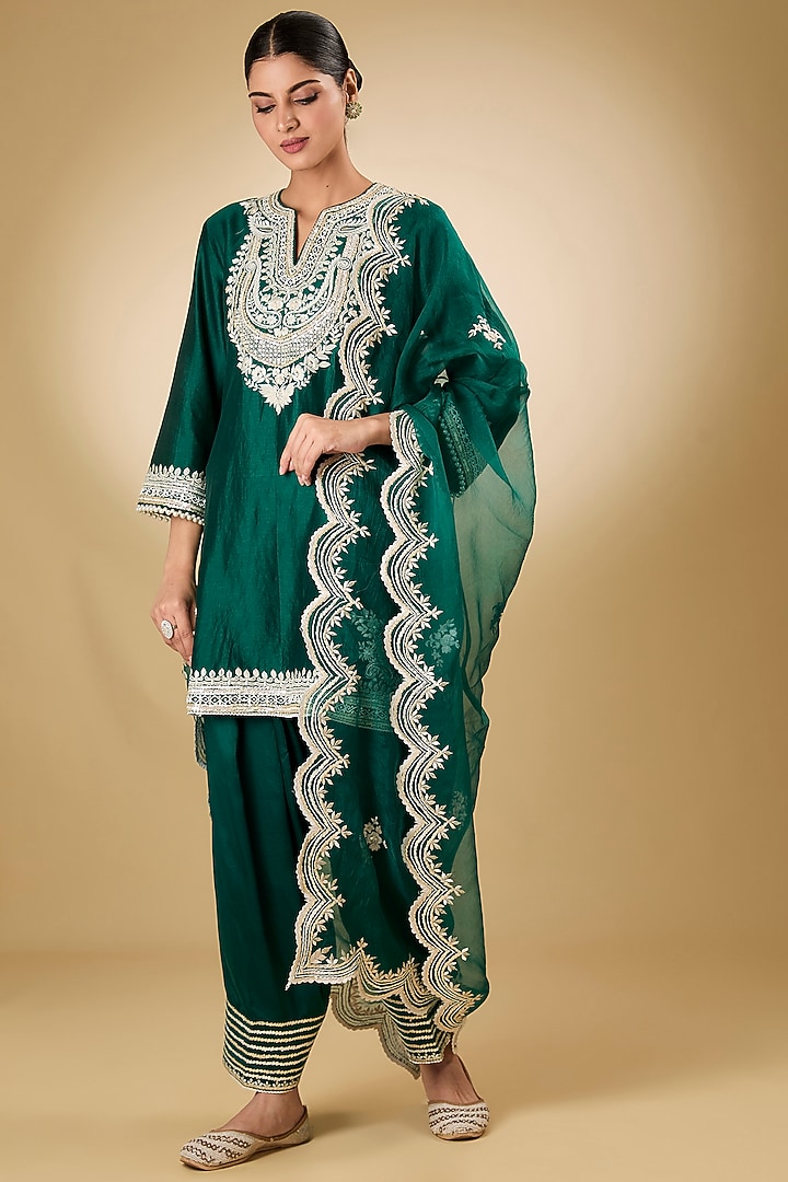 Green Pure Silk Chanderi Parsi Gara Embroidered A-Line Kurta Set by Sheetal Batra at Pernia's Pop Up Shop
