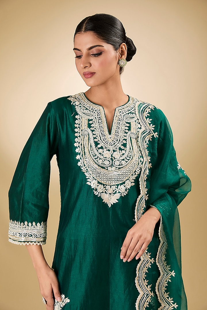 Green Pure Silk Chanderi Parsi Gara Embroidered A-Line Kurta Set by Sheetal Batra at Pernia's Pop Up Shop