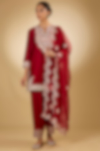 Red Pure Silk Chanderi Parsi Gara Embroidered A-Line Kurta Set by Sheetal Batra at Pernia's Pop Up Shop