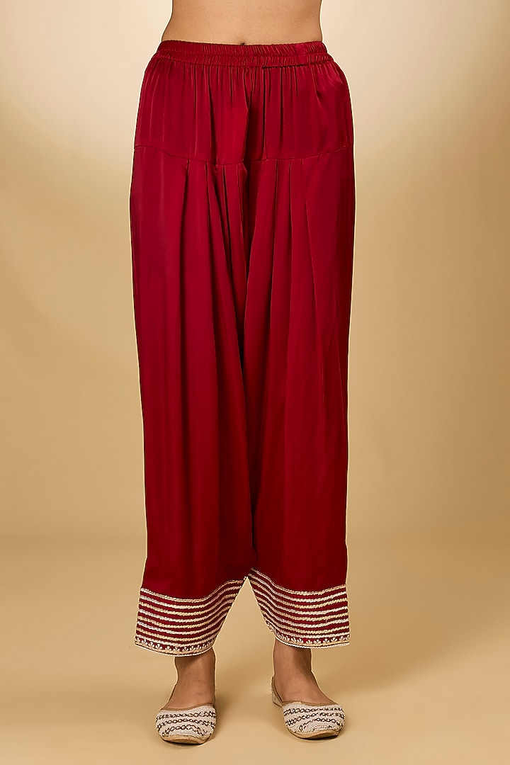 Red Pure Silk Chanderi Parsi Gara Embroidered A-Line Kurta Set by Sheetal Batra at Pernia's Pop Up Shop