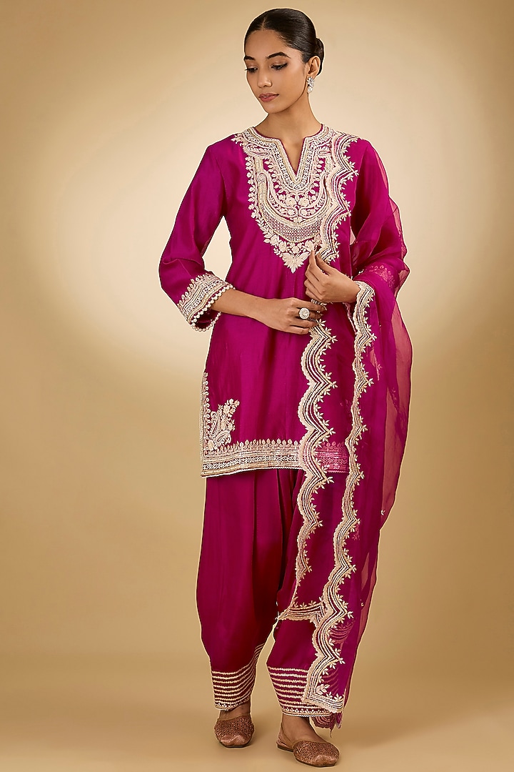 Pink Pure Silk Chanderi Parsi Gara Embroidered A-Line Kurta Set by Sheetal Batra at Pernia's Pop Up Shop