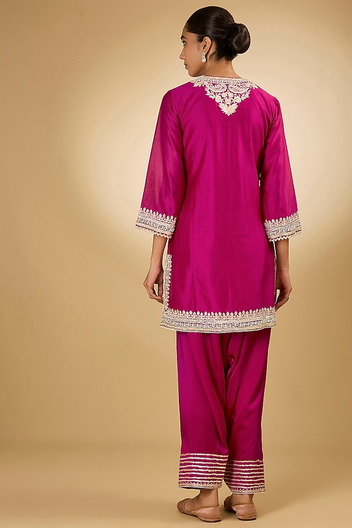 Pink Pure Silk Chanderi Parsi Gara Embroidered A-Line Kurta Set by Sheetal Batra at Pernia's Pop Up Shop