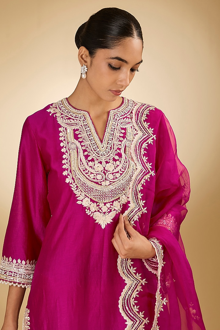 Pink Pure Silk Chanderi Parsi Gara Embroidered A-Line Kurta Set by Sheetal Batra at Pernia's Pop Up Shop