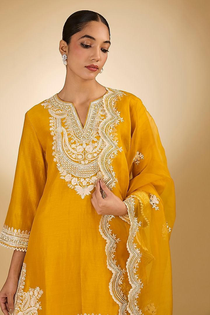 Yellow Pure Silk Chanderi Parsi Gara Embroidered A-Line Kurta Set by Sheetal Batra at Pernia's Pop Up Shop