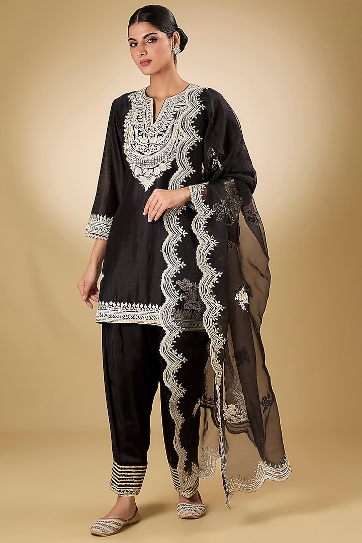 Black Pure Silk Chanderi Parsi Gara Embroidered A-Line Kurta Set by Sheetal Batra at Pernia's Pop Up Shop