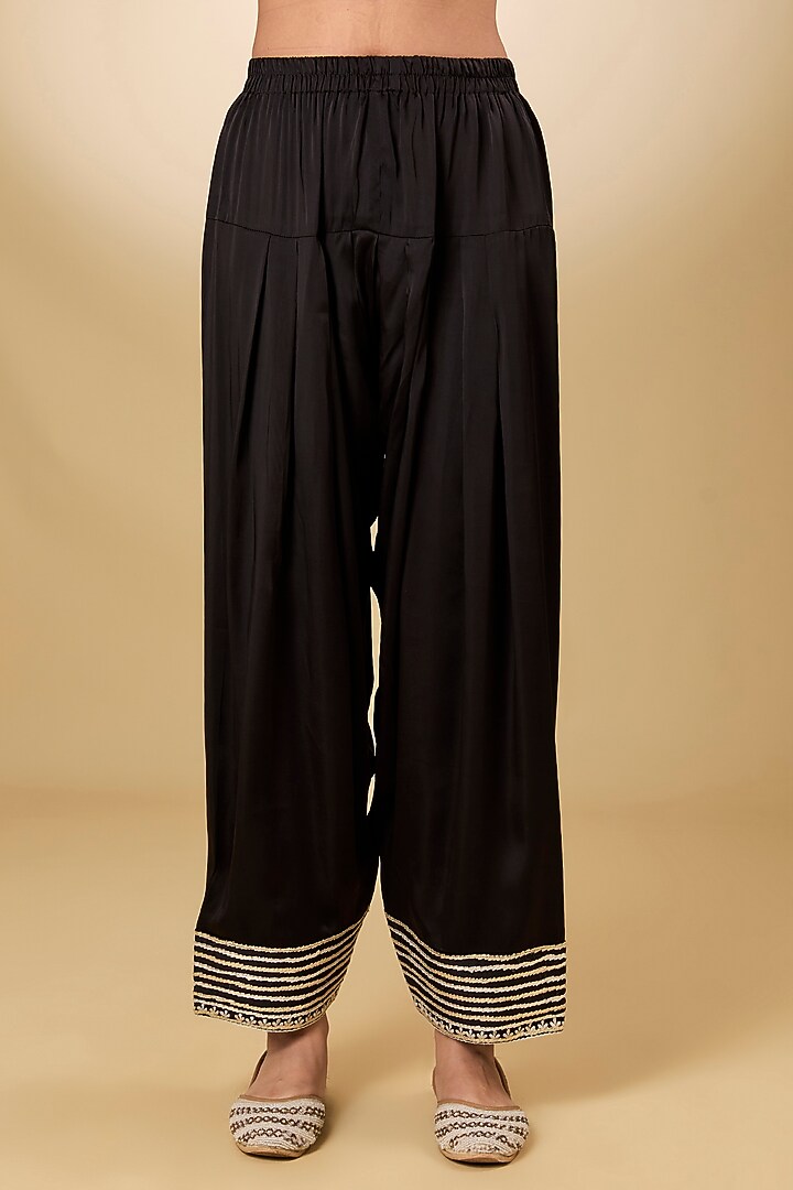 Black Pure Silk Chanderi Parsi Gara Embroidered A-Line Kurta Set by Sheetal Batra at Pernia's Pop Up Shop