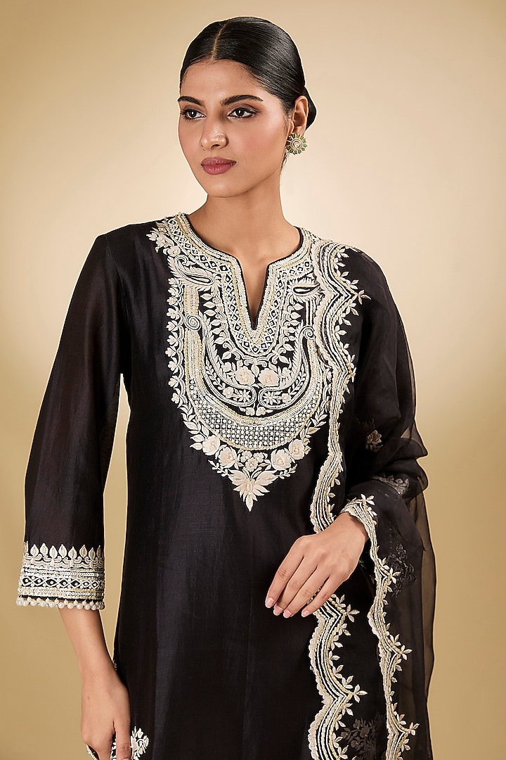 Black Pure Silk Chanderi Parsi Gara Embroidered A-Line Kurta Set by Sheetal Batra at Pernia's Pop Up Shop