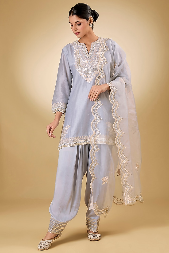 Blue Pure Silk Chanderi Parsi Gara Embroidered A-Line Kurta Set by Sheetal Batra at Pernia's Pop Up Shop