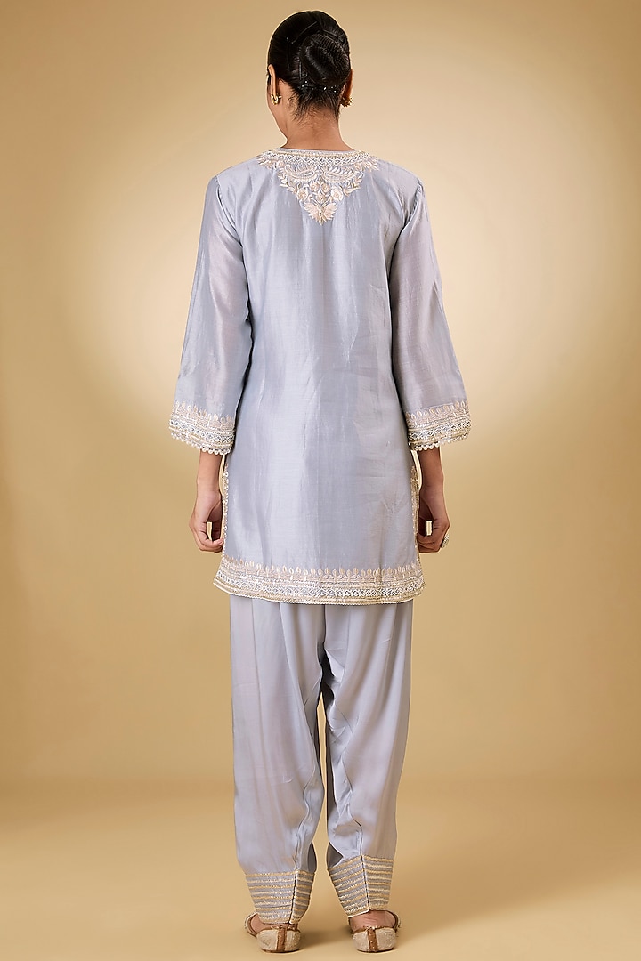 Blue Pure Silk Chanderi Parsi Gara Embroidered A-Line Kurta Set by Sheetal Batra at Pernia's Pop Up Shop
