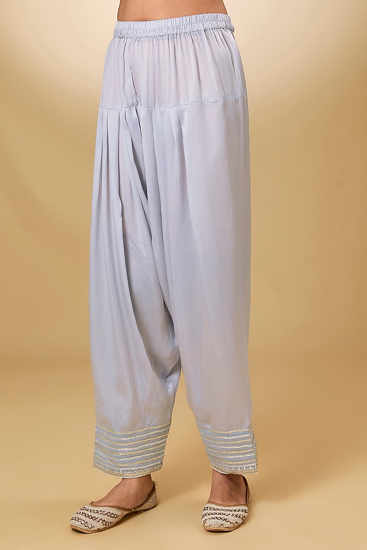 Blue Pure Silk Chanderi Parsi Gara Embroidered A-Line Kurta Set by Sheetal Batra at Pernia's Pop Up Shop