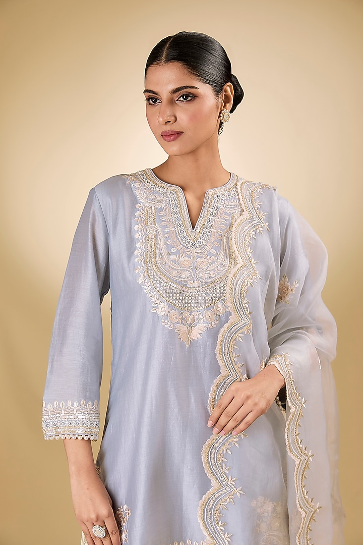 Blue Pure Silk Chanderi Parsi Gara Embroidered A-Line Kurta Set by Sheetal Batra at Pernia's Pop Up Shop