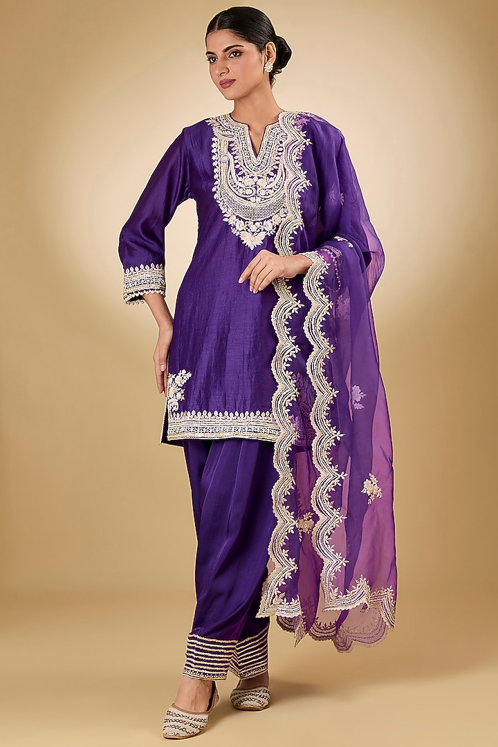 Purple Pure Silk Chanderi Parsi Gara Embroidered A-Line Kurta Set by Sheetal Batra at Pernia's Pop Up Shop