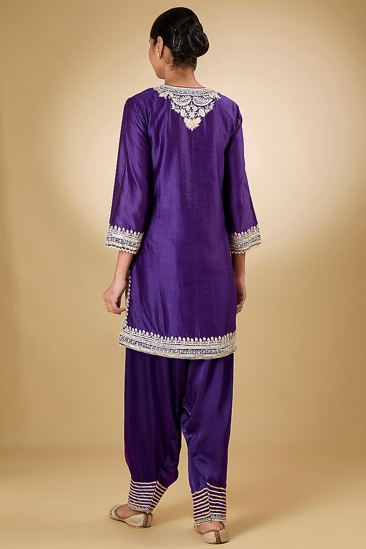 Purple Pure Silk Chanderi Parsi Gara Embroidered A-Line Kurta Set by Sheetal Batra at Pernia's Pop Up Shop
